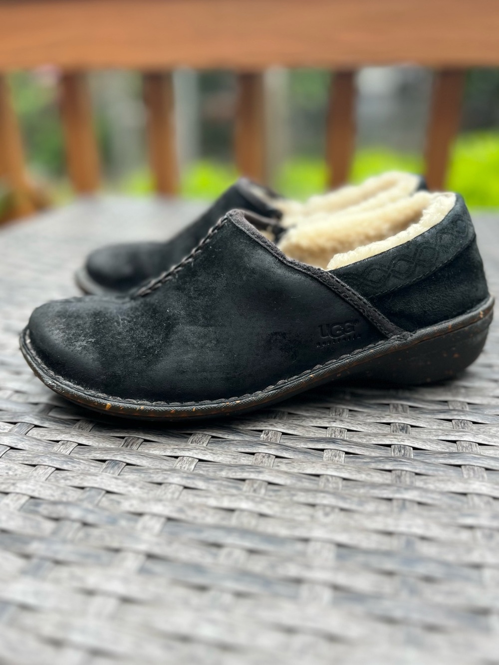 UGG Black Suede Slip-On Mule with Cream Shearling Inner - Picture 2 of 9